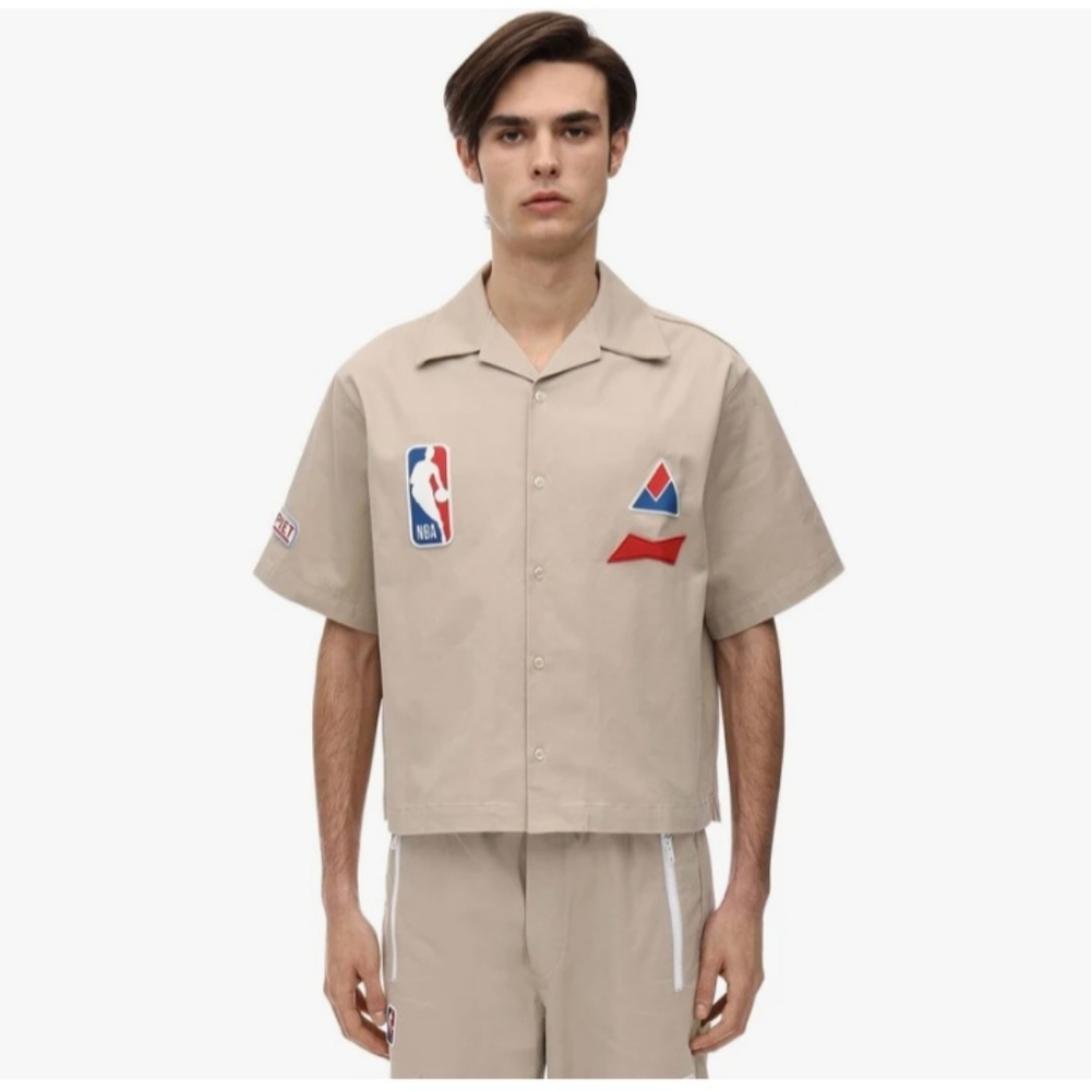 NBA Beige Short-Sleeve Button-Down Camp Shirt